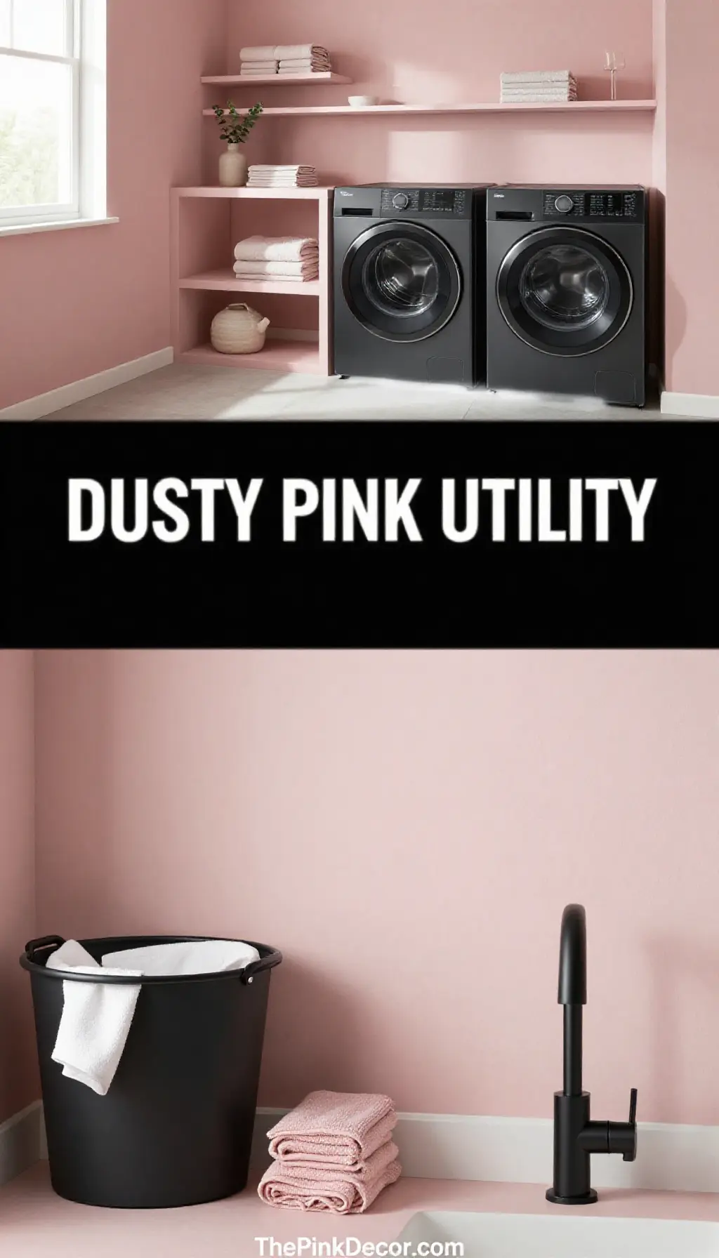 modern dusty pink decor ideas for laundry rooms with matte black hardware - Featured Design Dusty Pink Laundry Room with Matte Black Fixtures and Textured Walls - Laundry Room - The Pink Decor