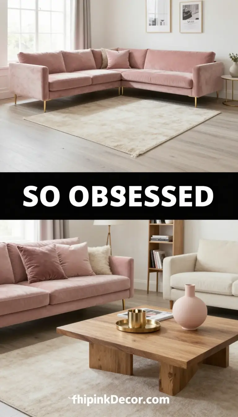 Dusty Pink Velvet Sectional with Metallic Gold Accents - Living Room - The Pink Decor