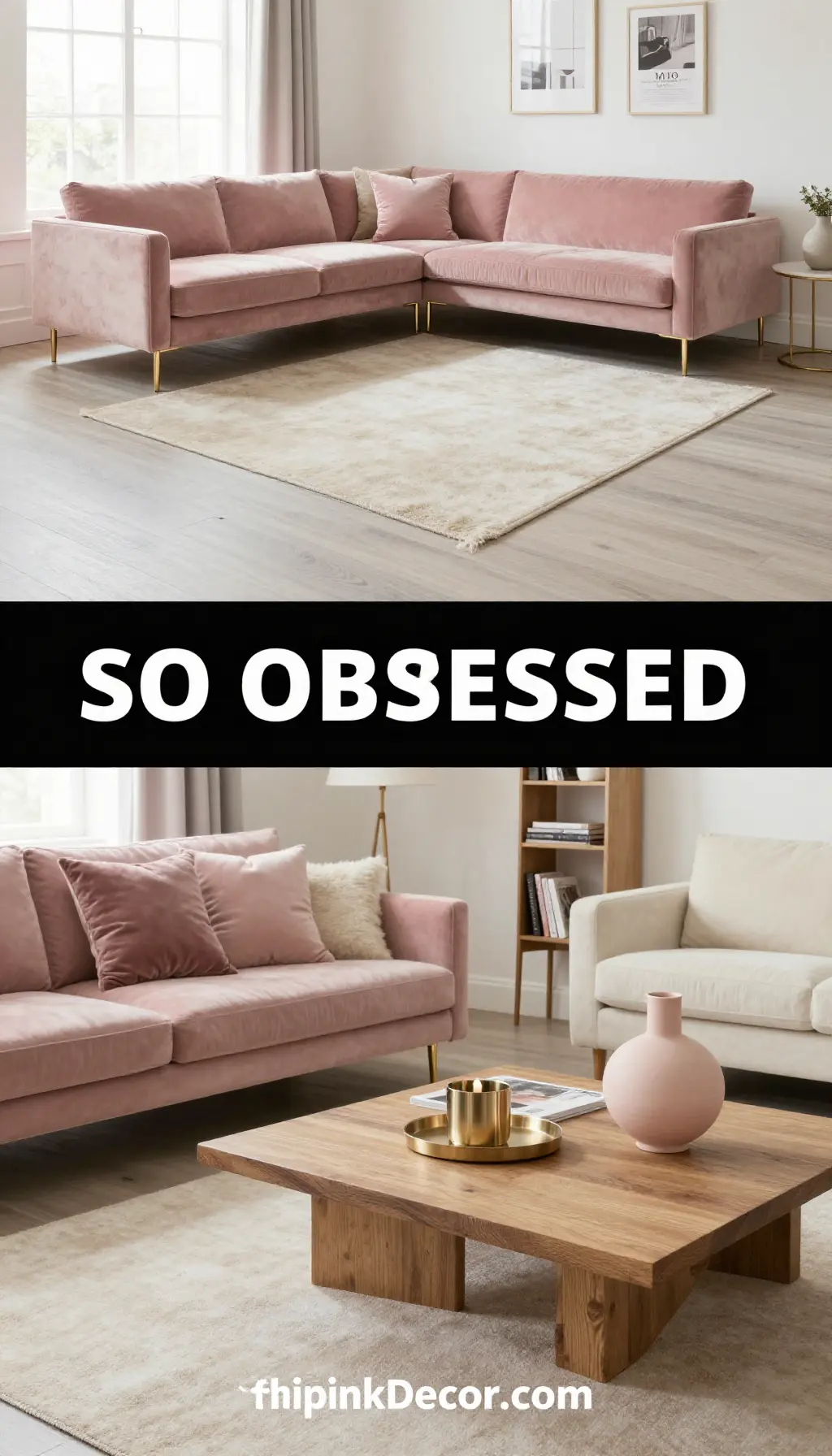 Dusty Pink Velvet Sectional with Metallic Gold Accents - Living Room - The Pink Decor