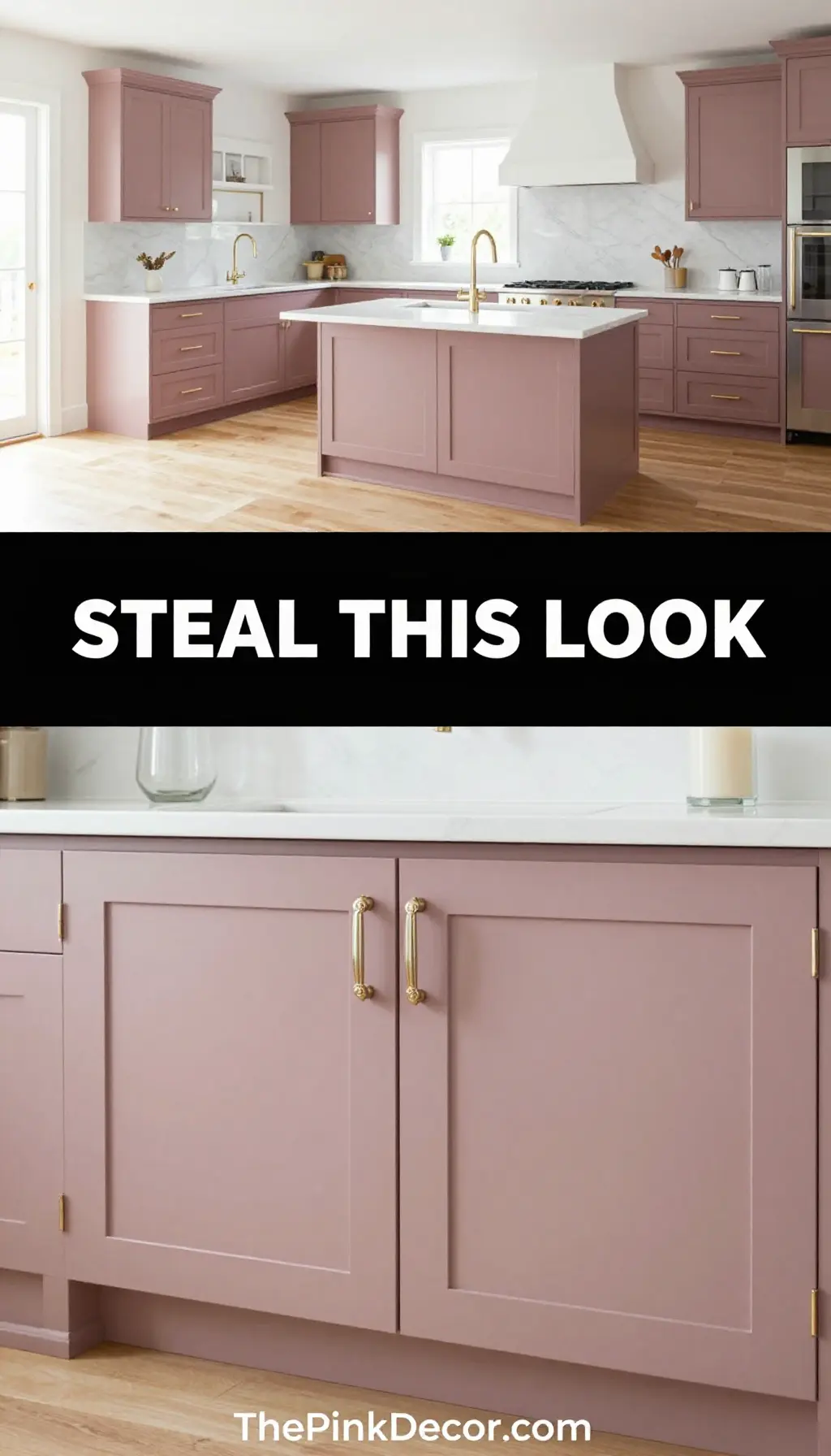 Dusty Rose Shaker Cabinetry with Champagne Gold Accents - Laundry Room - The Pink Decor