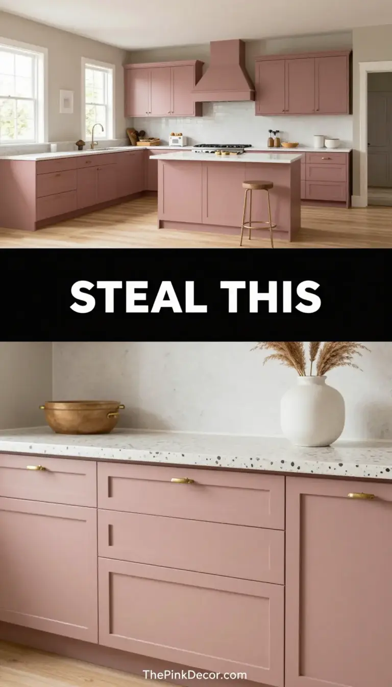 Dusty Rose Shaker Cabinetry with Terrazzo Accents - Laundry Room - The Pink Decor