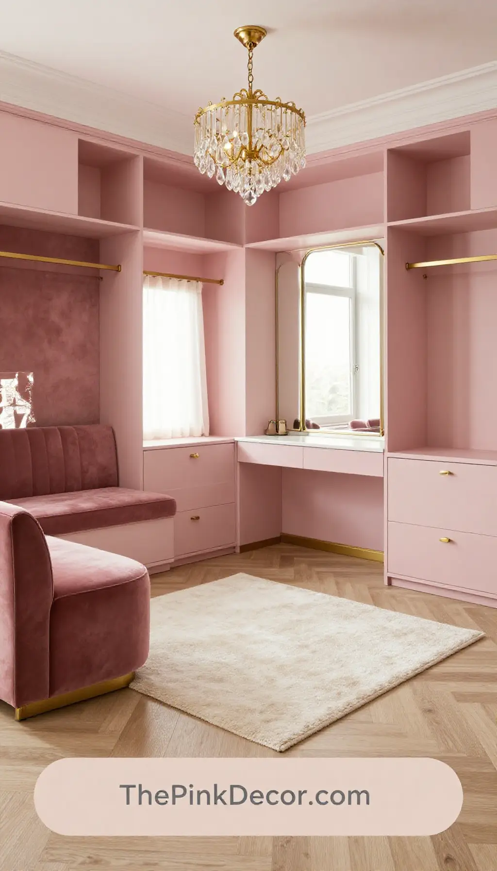 Complete Dressing Room with pink decor and gold hardware