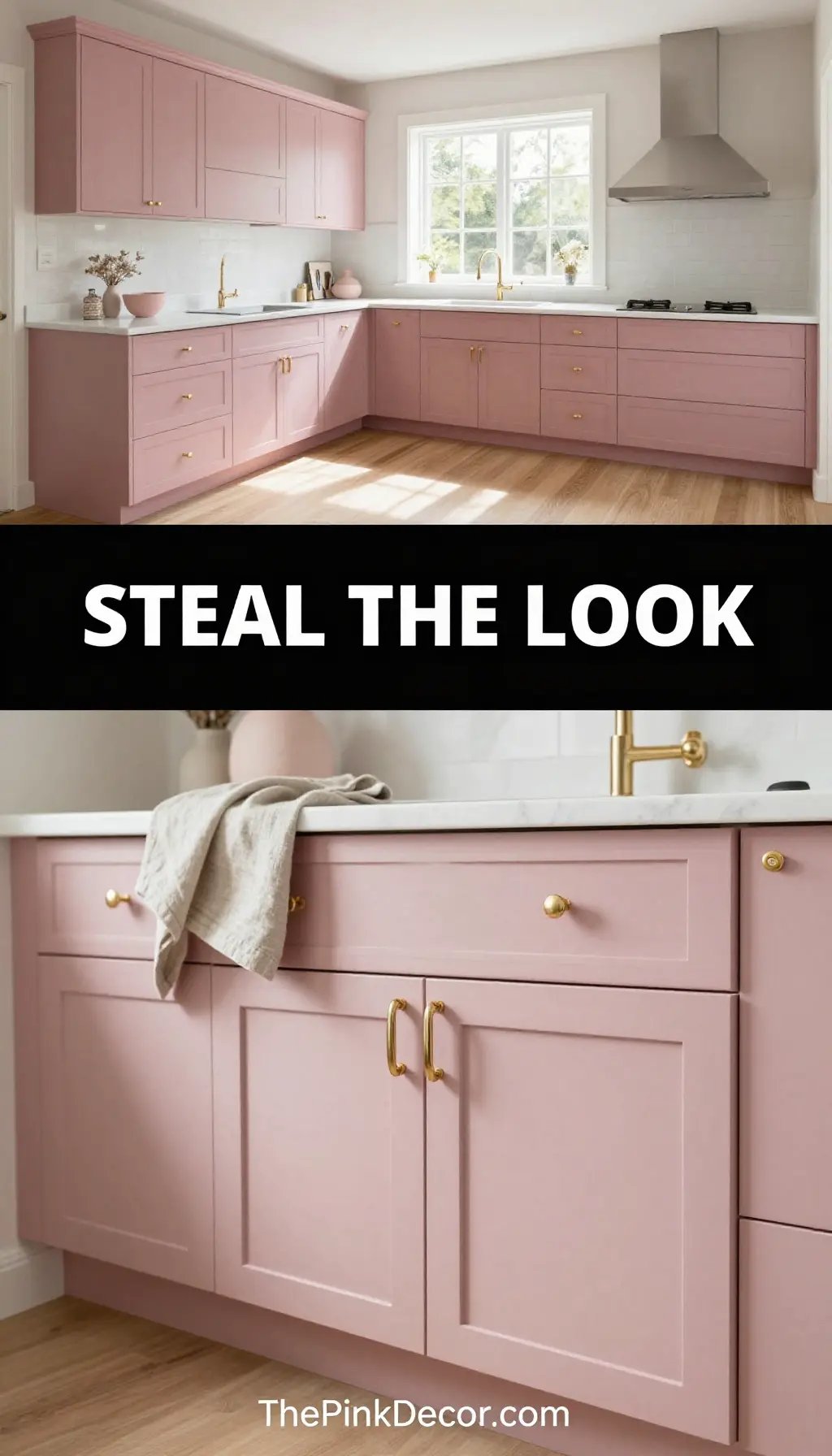 Matte Dusty Pink Cabinetry with Champagne Gold Hardware - Kitchen - The Pink Decor