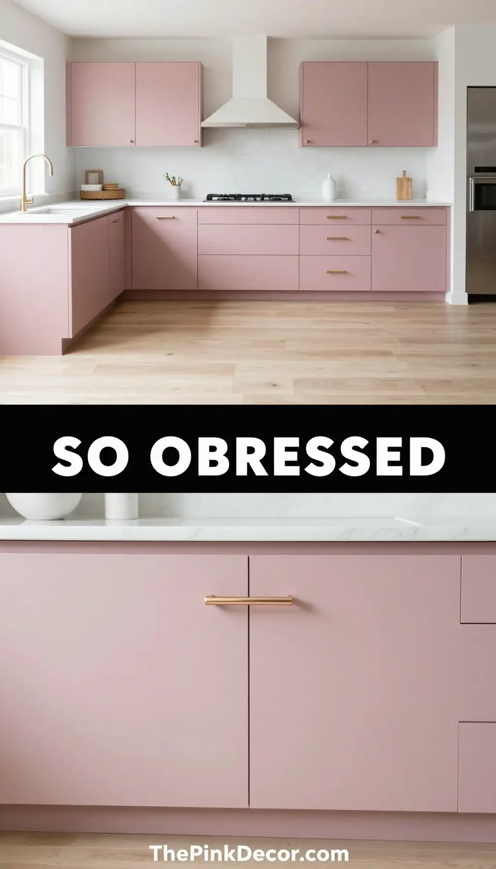 Matte Dusty Pink Cabinets with Champagne Gold Hardware - Kitchen - The Pink Decor