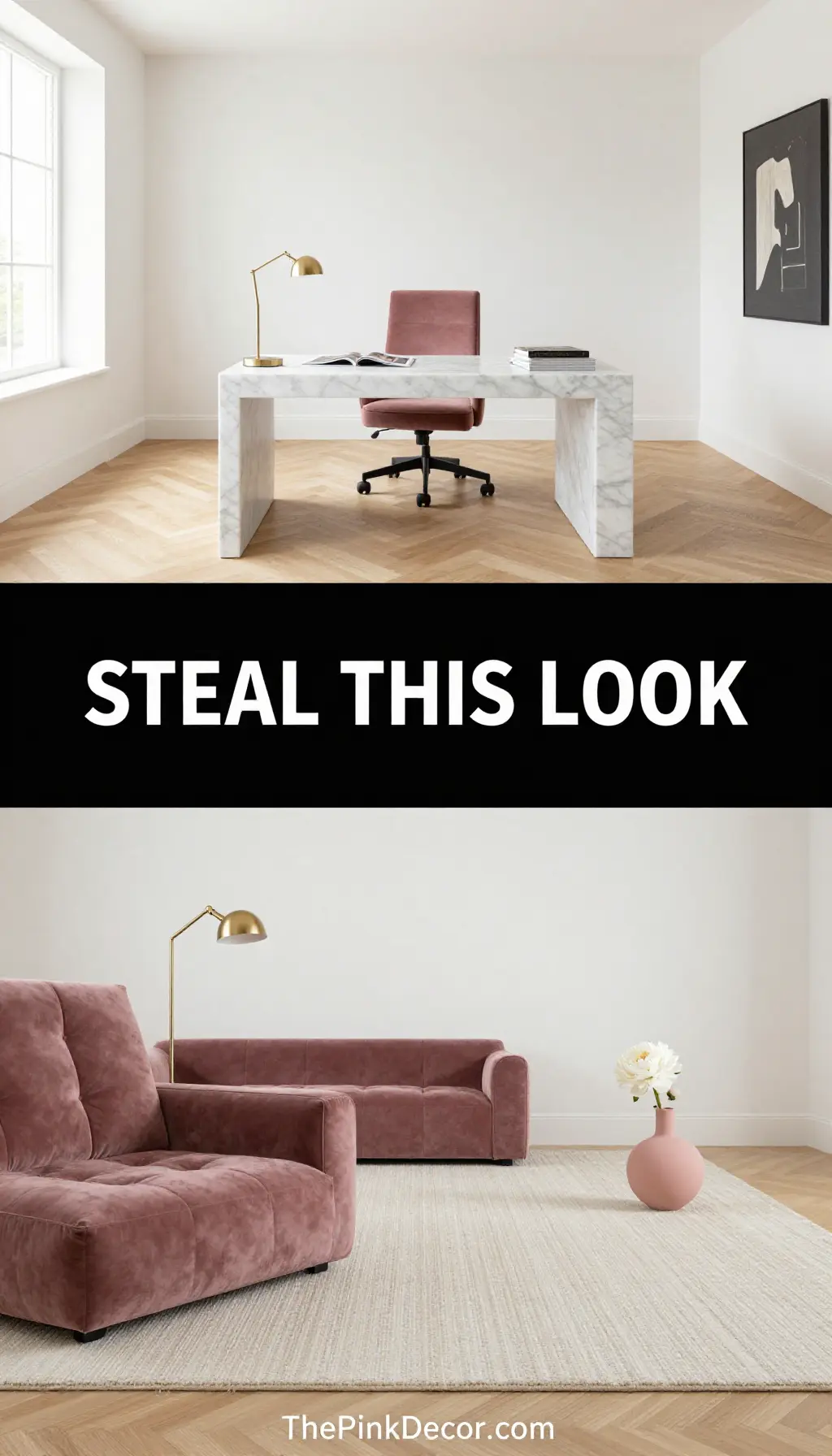 Monochromatic Dusty Rose Velvet Executive Suite - Home Office - The Pink Decor