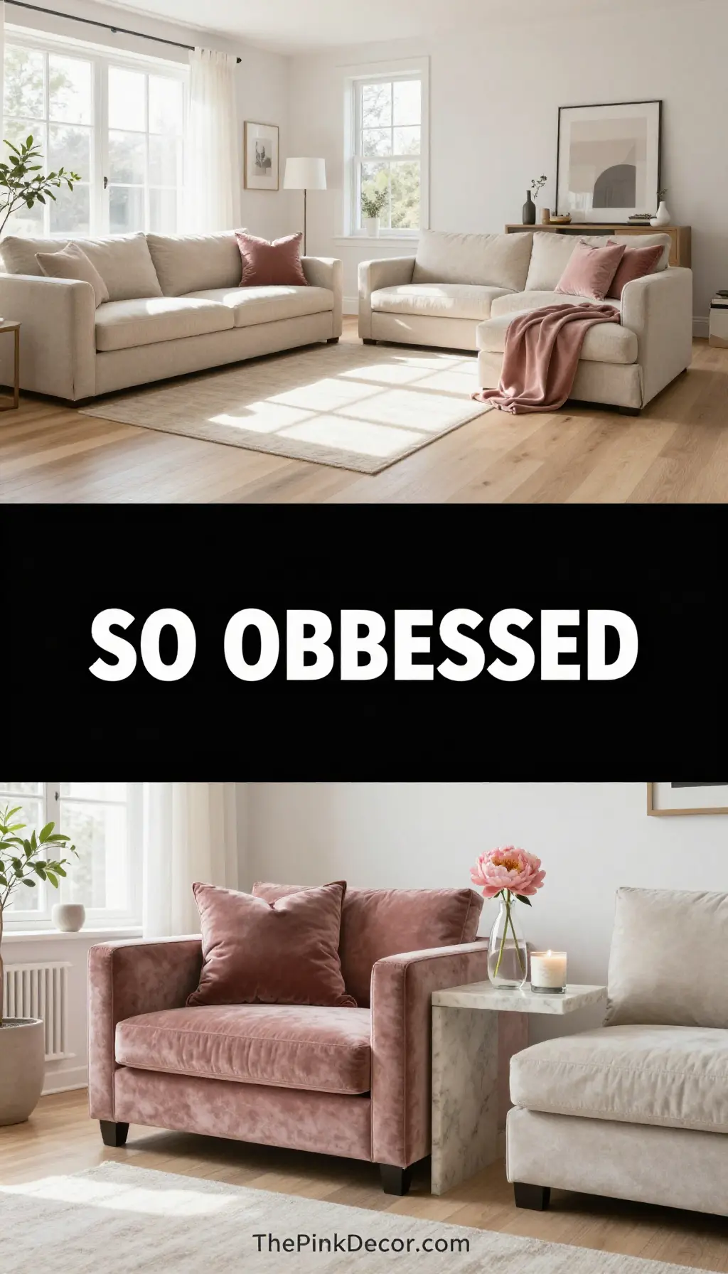 Monochromatic Dusty Rose Velvet Lounge - Living Room - The Pink Decor