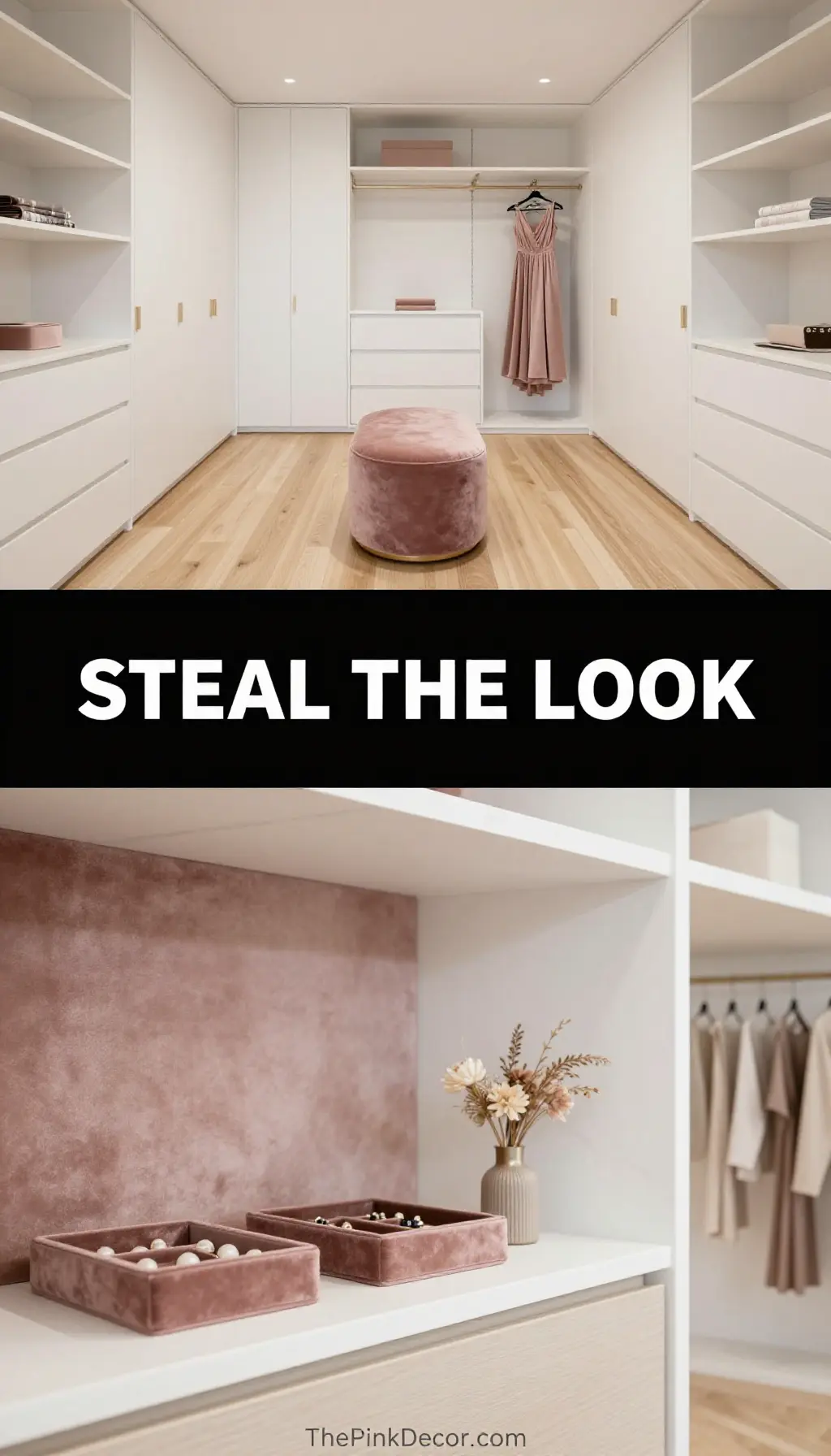 Monochromatic Dusty Rose Velvet Walk-In Closet - Closet - The Pink Decor