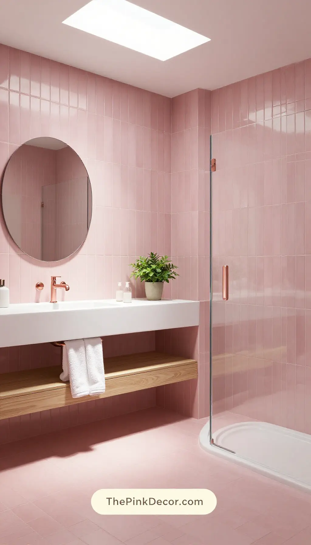 Modern bathroom featuring vertical stacked kit kat tiles in dusty rose and gold hardware