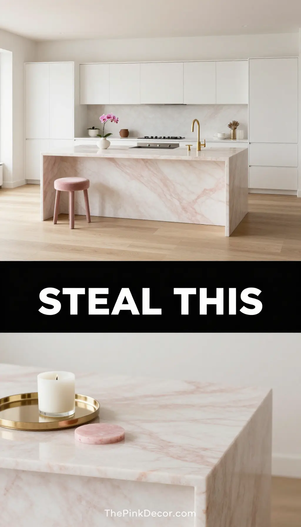 Rose Quartz Marble Island with Champagne Gold Accents - Kitchen - The Pink Decor