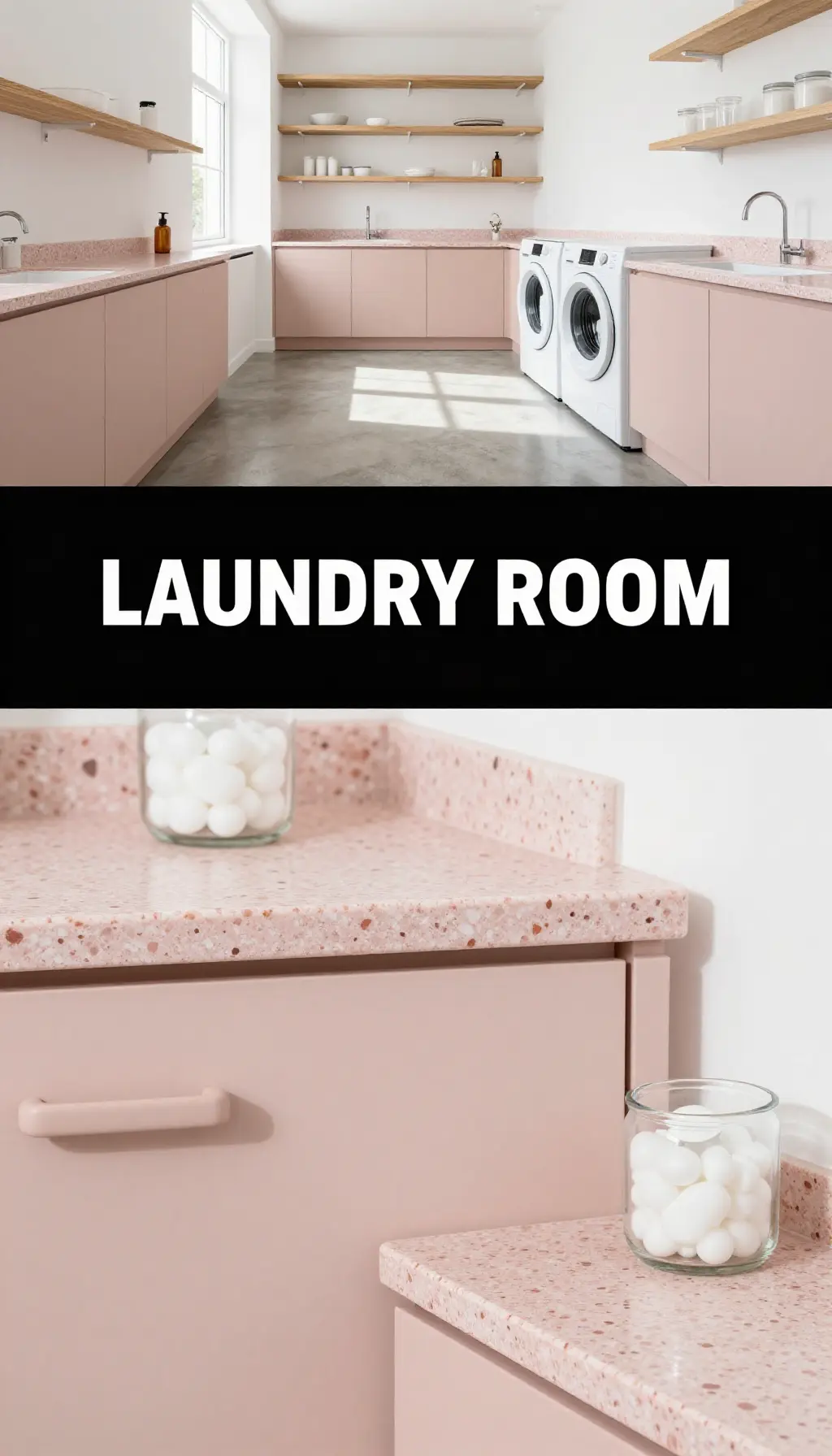 Rose Quartz Terrazzo and Matte Blush Cabinetry Laundry Suite - Laundry Room - The Pink Decor