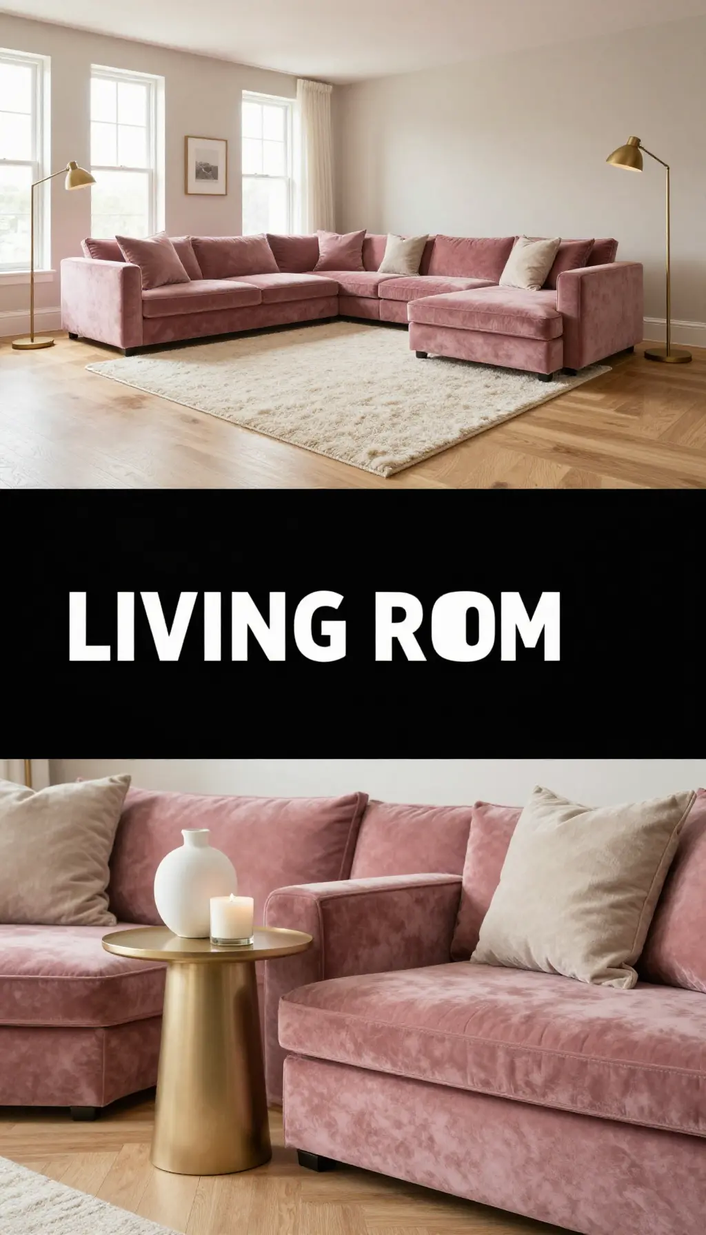 Velvet Dusty Rose Sectional with Matte Gold Accents - Living Room - The Pink Decor